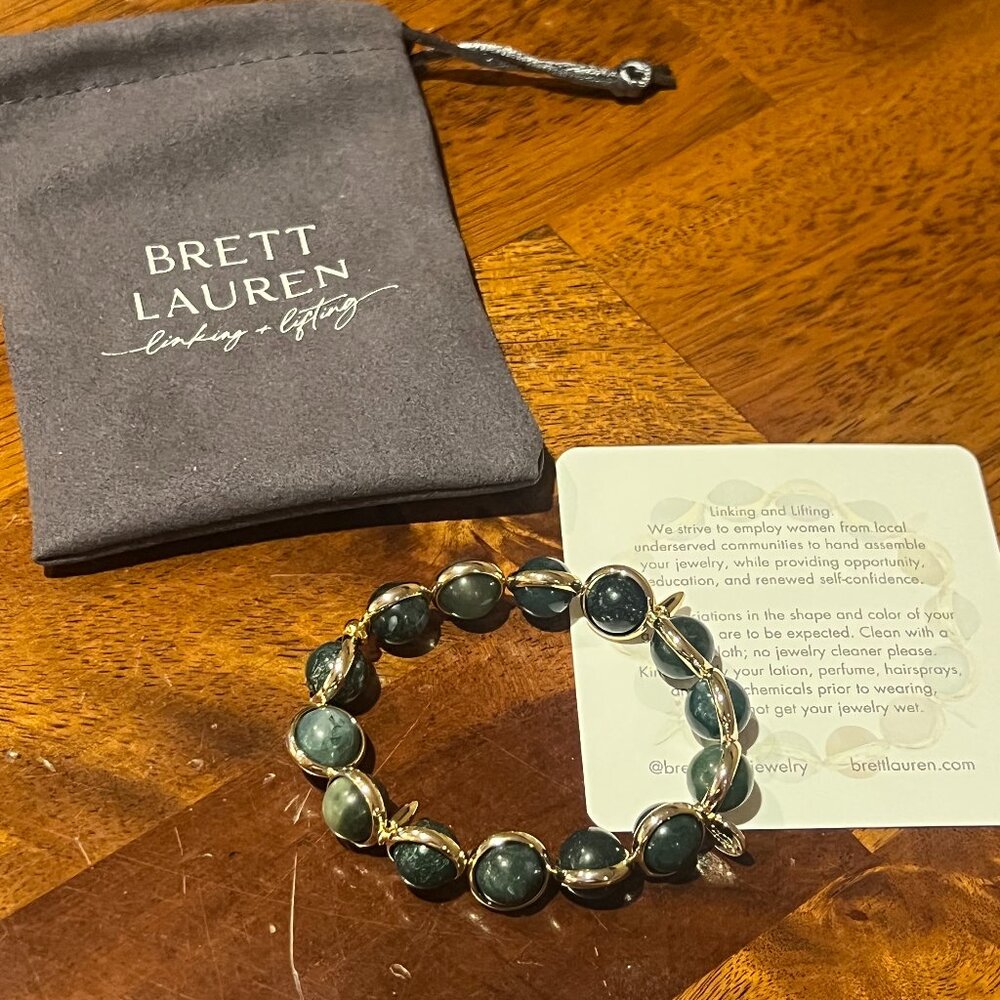 Brett Lauren Moss Agate Statement Bracelet Gold-Tone Links Boho Luxe (Brand New)
